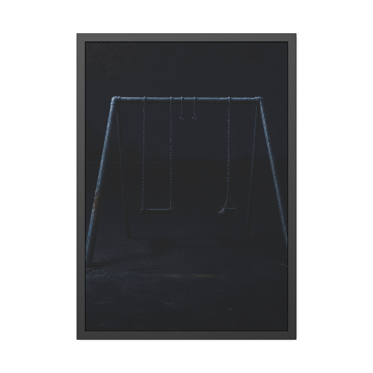 An empty swing set in near darkness with one seat twisted. The Fourth Hour: The Floodlights Cut by Garabaggio, framed fine art print, 28″ x 40″.
