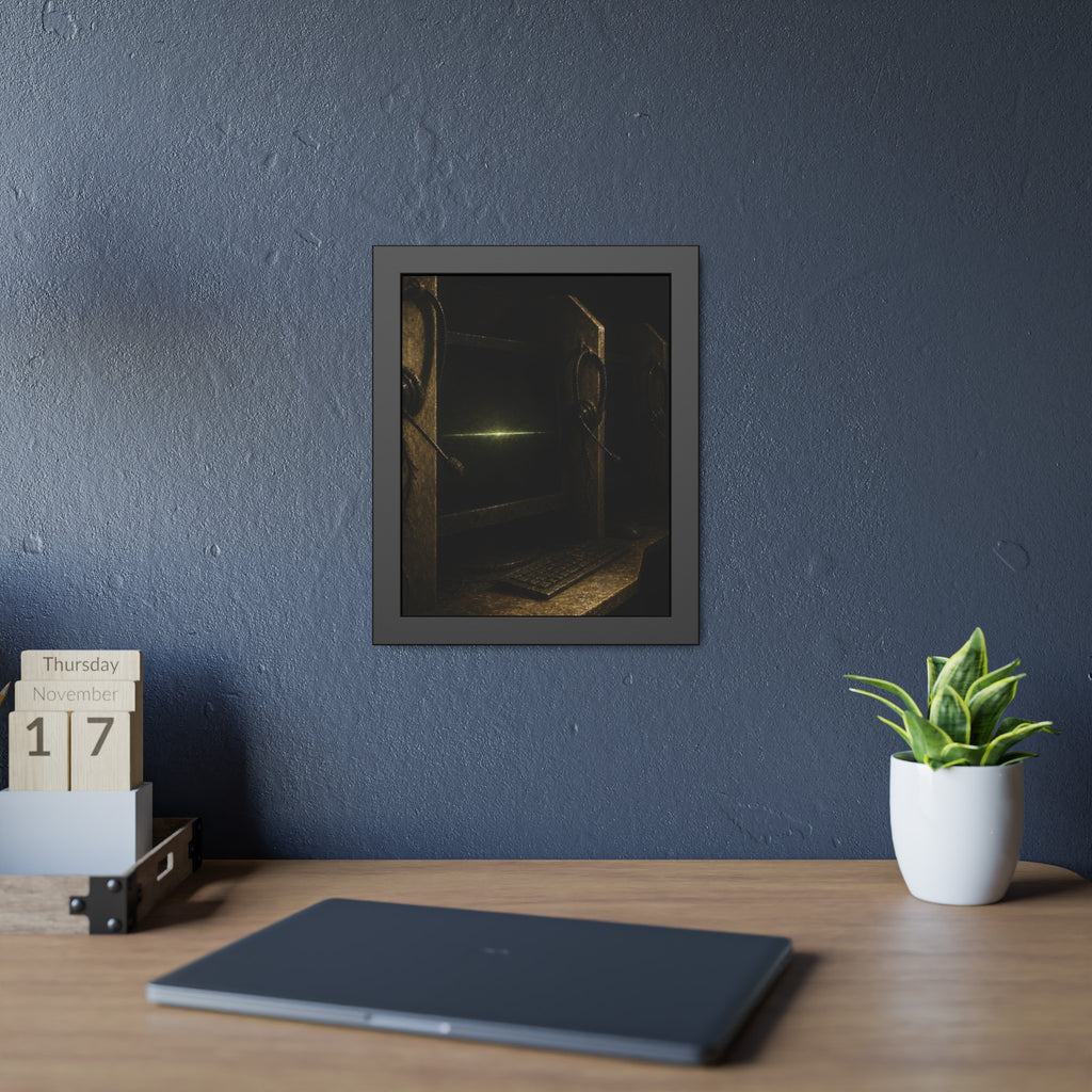 Dark cubicle monitors and a headset, one screen holding a thin green line. Power Down by Rows by Garabaggio, framed fine art print hanging in a room.