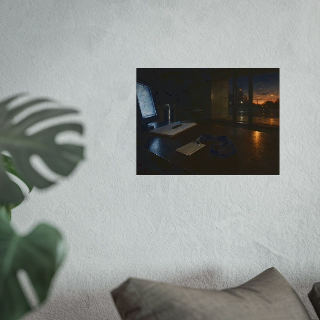An ID badge and lanyard left on a security desk beside a lit monitor. The Badge on the Security Desk by Garabaggio, fine art print hanging in a room.