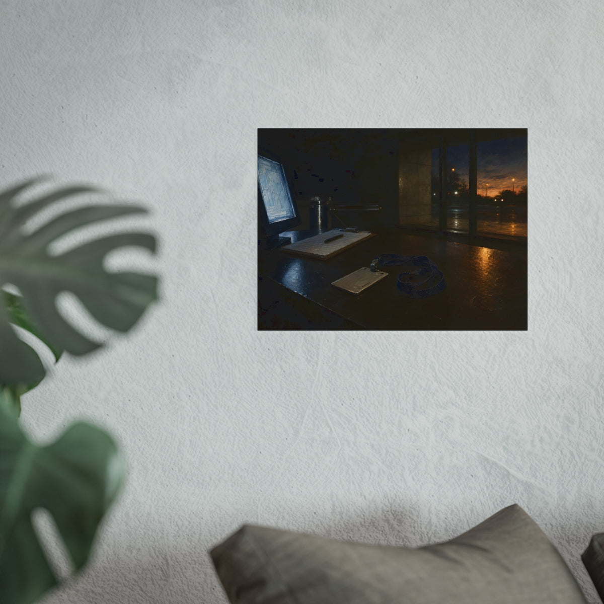 An ID badge and lanyard left on a security desk beside a lit monitor. The Badge on the Security Desk by Garabaggio, fine art print hanging in a room.