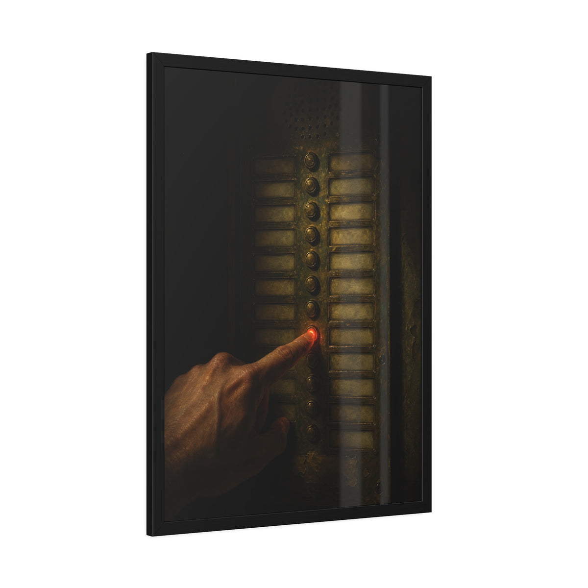 A hand pressing one glowing red button on a worn intercom panel. The Finger at Midnight by Garabaggio, framed fine art print hanging in a room.
