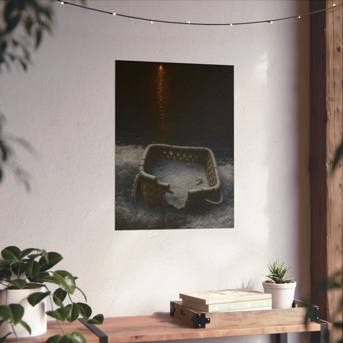 A cracked laundry basket half buried in snow under a distant lamp. The First Snow by Garabaggio, fine art print hanging in a room.