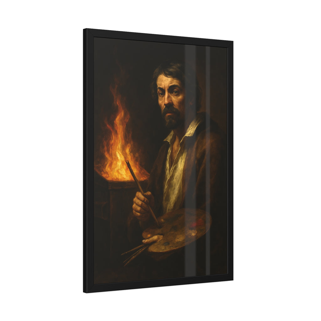 Man holding a palette and brushes, a fire behind him. Self-Portrait with Palette (After Caravaggio) by Garabaggio, framed fine art print hanging in a room.
