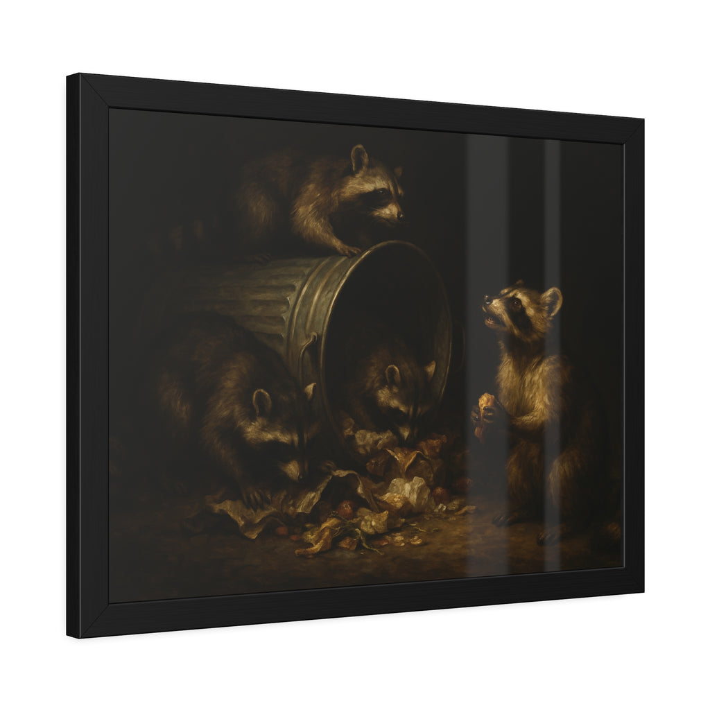 Four raccoons around a toppled metal trash can in the dark. The Last Bite by Garabaggio, framed fine art print hanging in a room.
