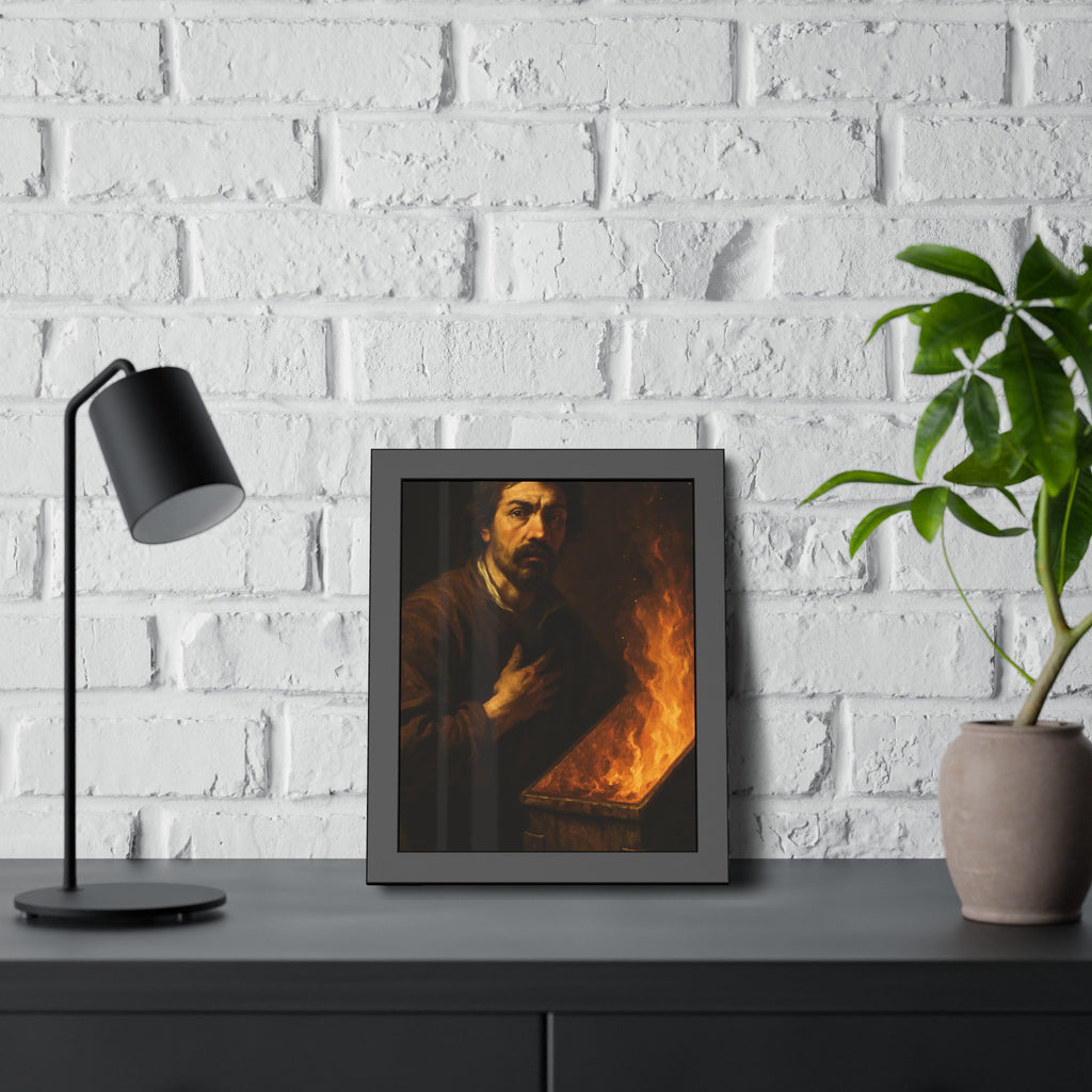 Man with a hand on his chest as flames run the length of a dumpster. Self-Portrait in the Final Hour by Garabaggio, framed fine art print hanging in a room.
