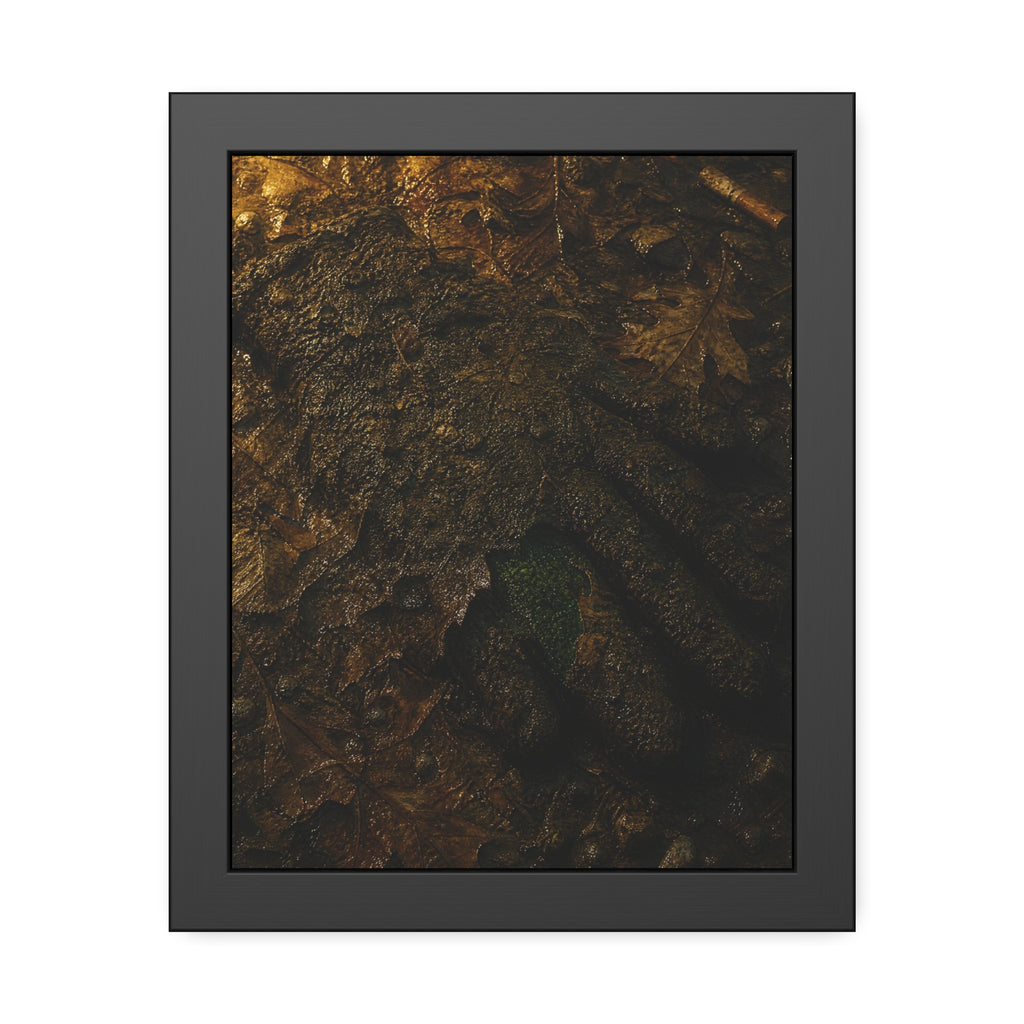 Wet mud and pressed oak leaves with a green scrap barely showing. The Reliquary of Mud and Leaf by Garabaggio, framed fine art print, 11″ x 14″.