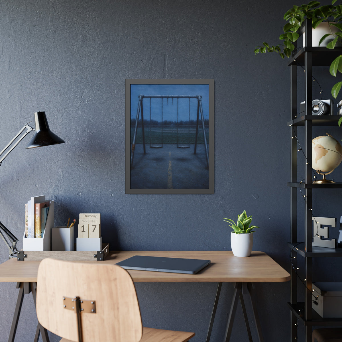 A swing set at dusk with two seats hanging straight. The Sixth Hour: The Seat Hanging Straight by Garabaggio, framed fine art print hanging in a room.