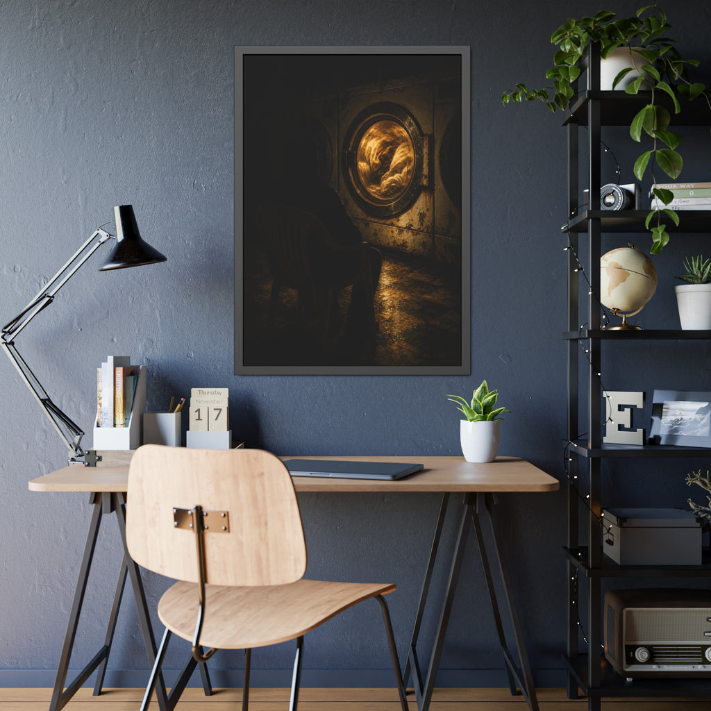 A person seated in a plastic chair facing a lit dryer drum. The Watcher in the Plastic Chair by Garabaggio, framed fine art print hanging in a room.