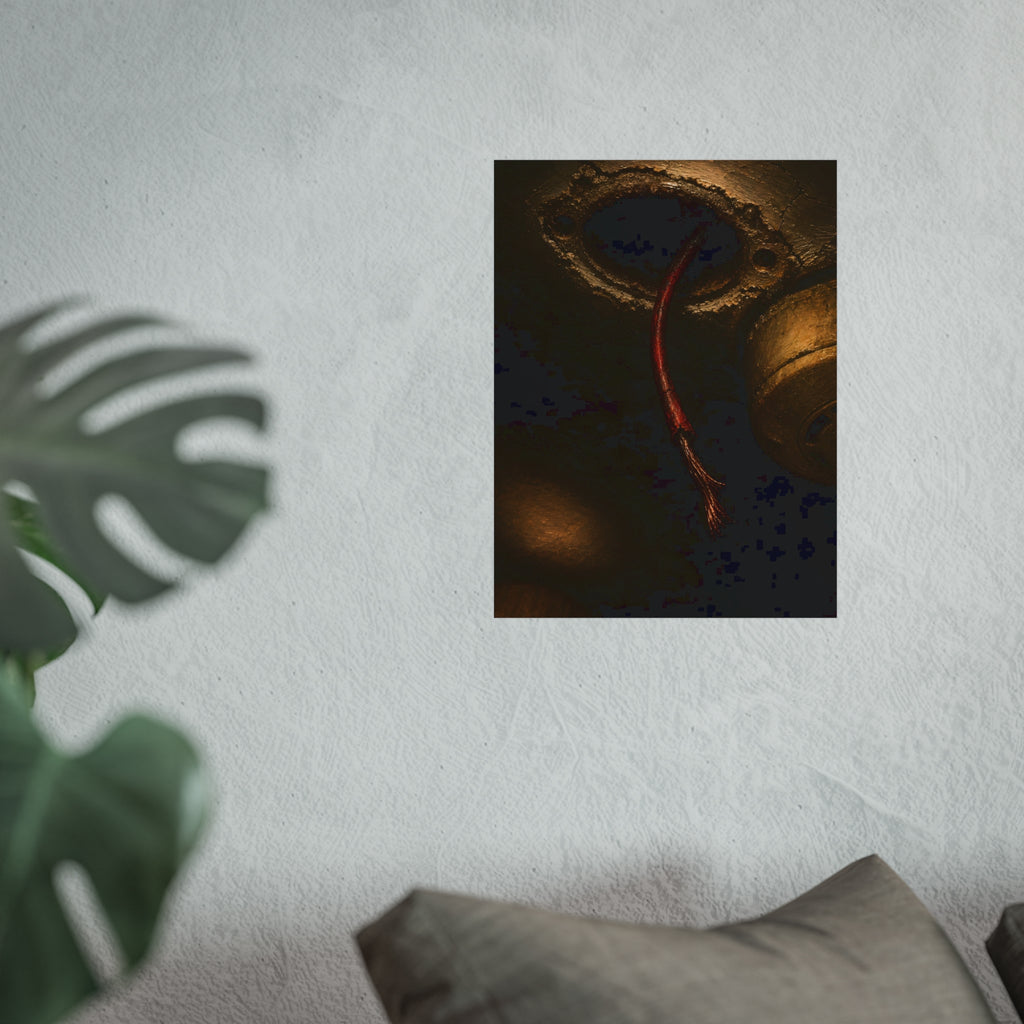 A frayed red wire hanging from a hole in a cracked ceiling. The Loose Red Wire by Garabaggio, fine art print hanging in a room.
