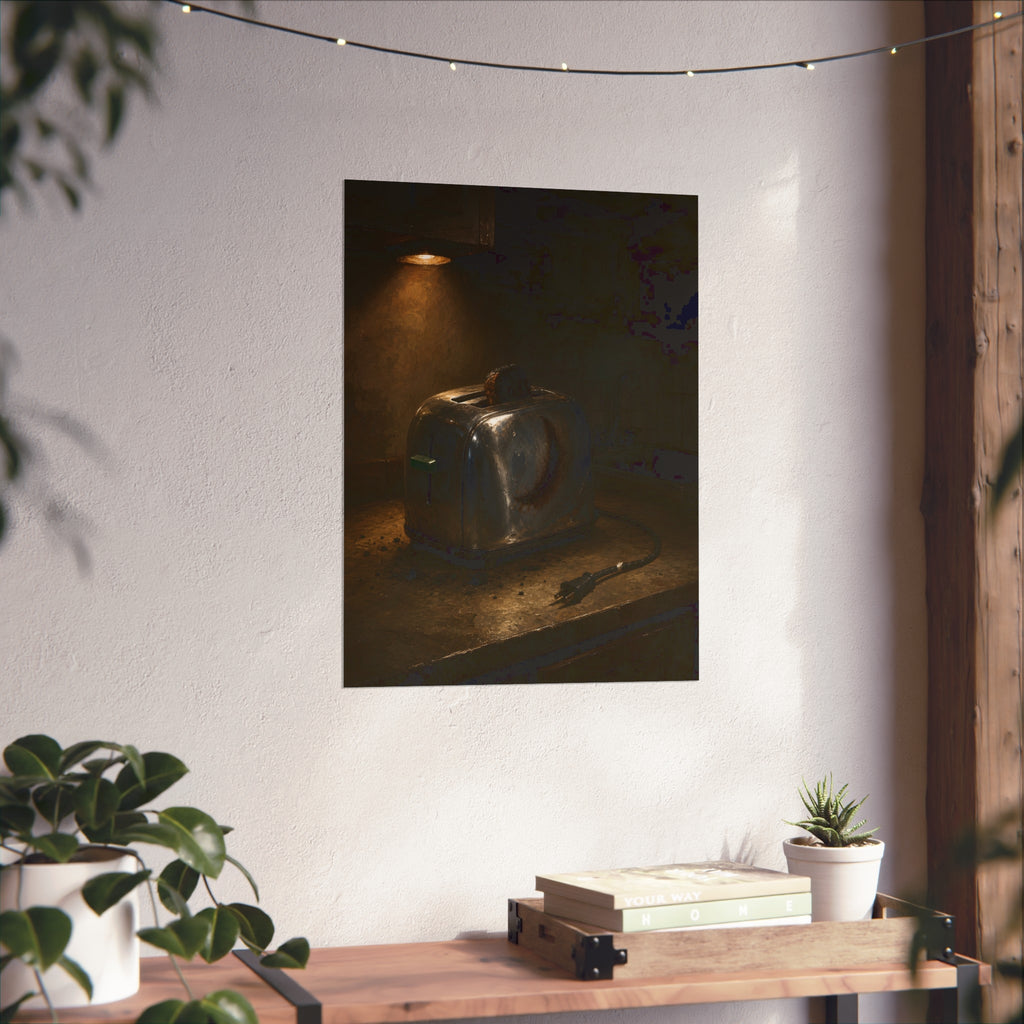 Scorched toaster with burnt toast on a counter under a cabinet light. Breakfast Interrupted by Garabaggio, fine art print hanging in a room.