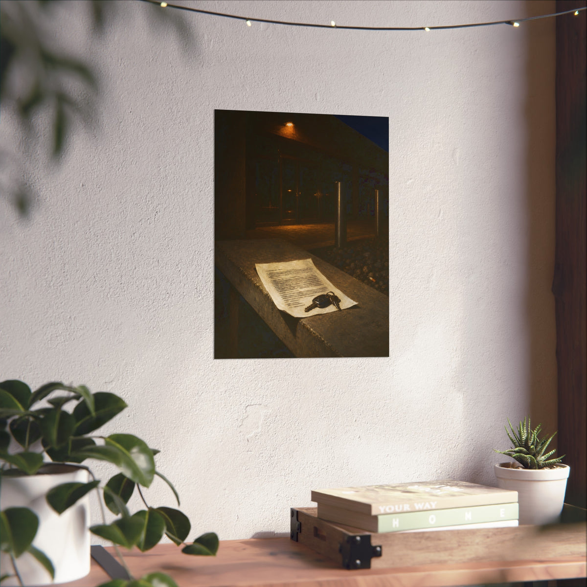 A printed page and car keys on a concrete ledge outside an office at night. The Last Email, Printed by Garabaggio, fine art print hanging in a room.