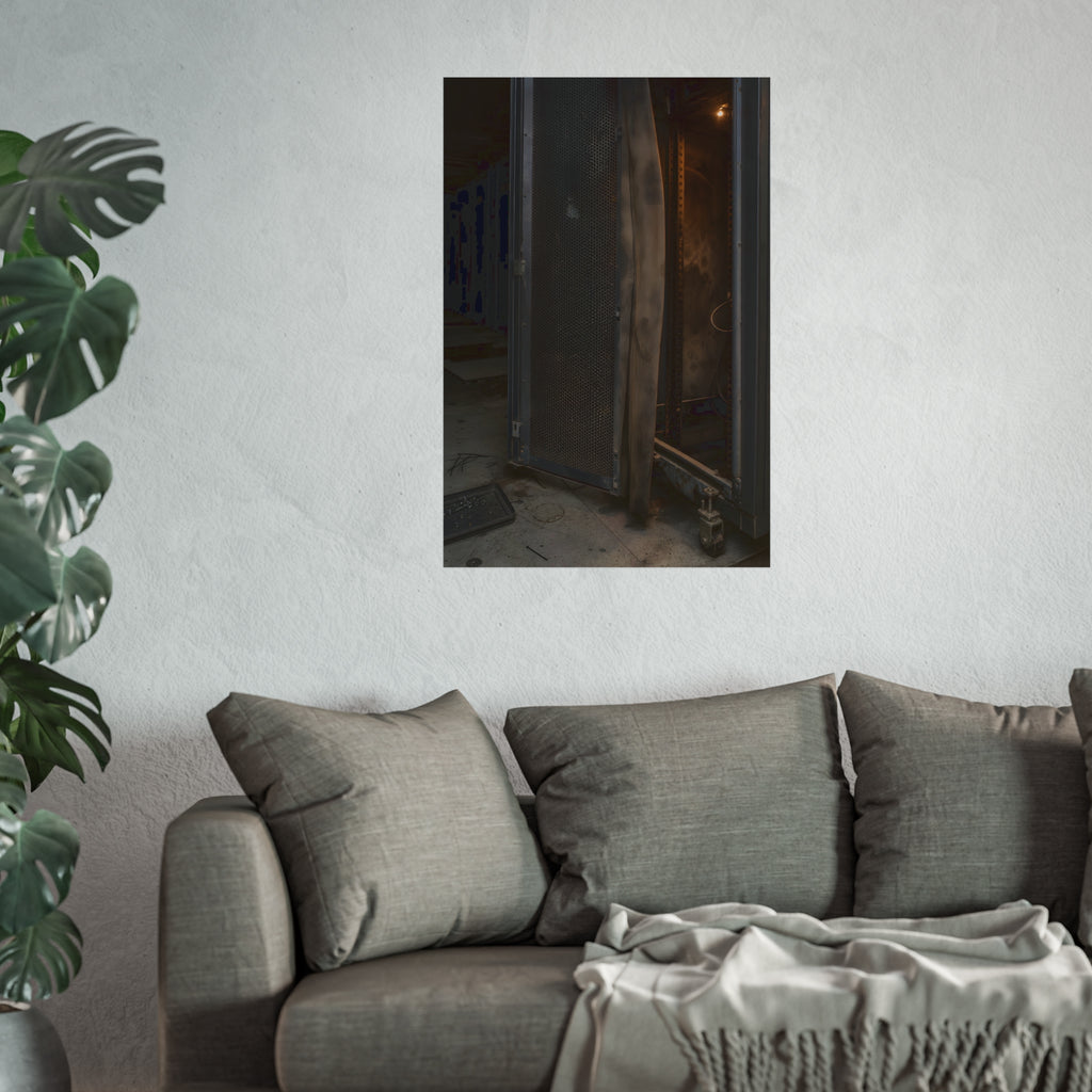 An open server rack cabinet with a mesh door and warm glow inside. The Heat Behind the Doors by Garabaggio, fine art print hanging in a room.