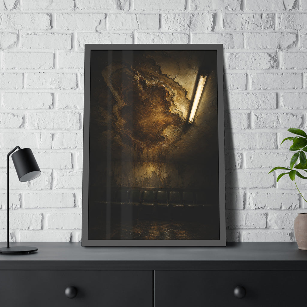 A brown water stain spreading across a ceiling above a row of chairs. The Stain Above the Row by Garabaggio, framed fine art print hanging in a room.