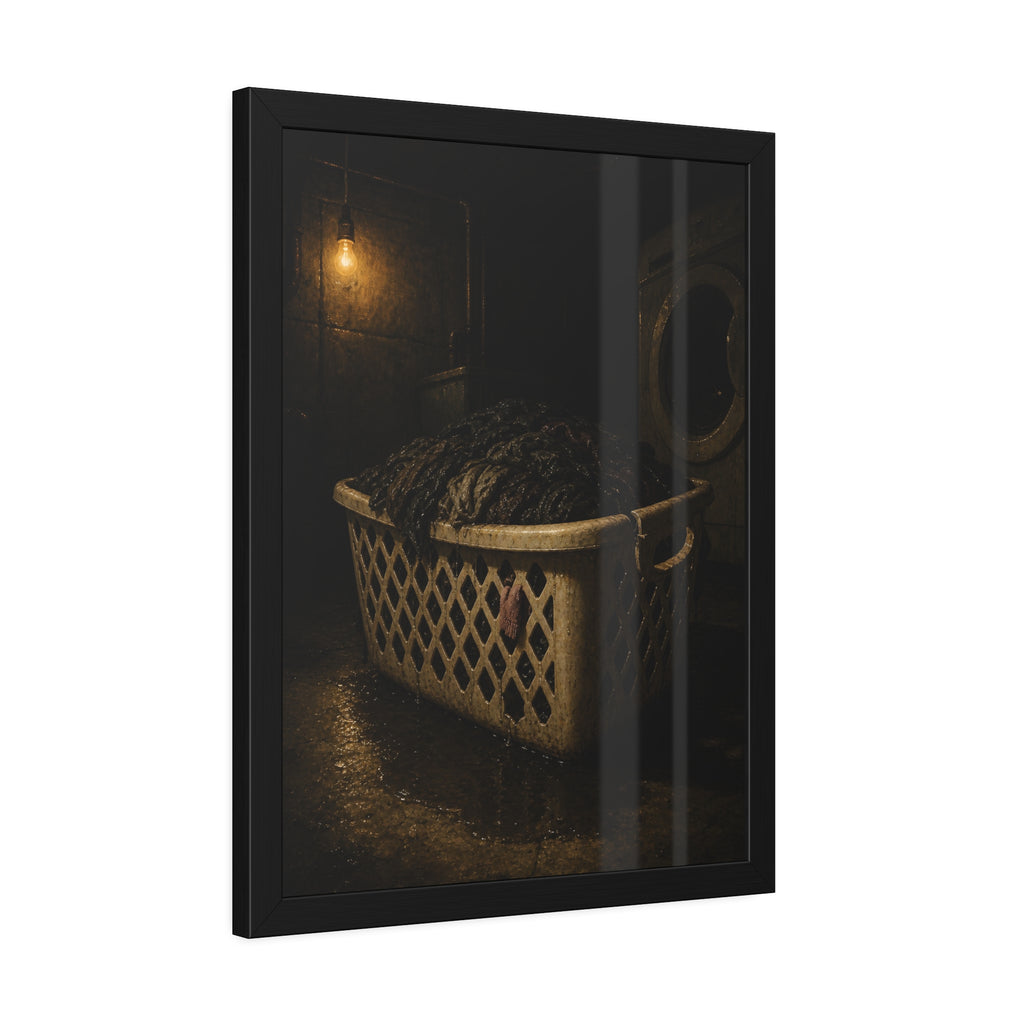 A laundry basket heaped with wet dark clothes under a bare bulb. The Burden of Wet Clothes by Garabaggio, framed fine art print hanging in a room.