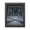 A frost covered swing set on empty asphalt under distant floodlights. The Third Hour: The Coldest Part by Garabaggio, framed fine art print, 11″ x 14″.