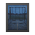 A swing set at dusk with two seats hanging straight. The Sixth Hour: The Seat Hanging Straight by Garabaggio, framed fine art print, 11″ x 14″.