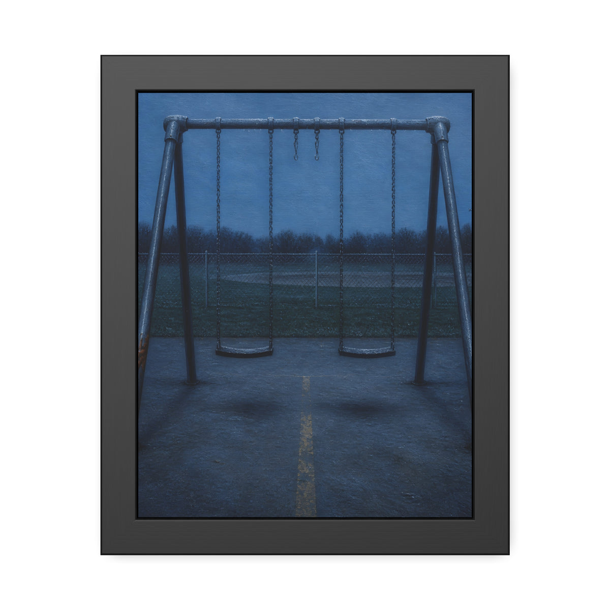 A swing set at dusk with two seats hanging straight. The Sixth Hour: The Seat Hanging Straight by Garabaggio, framed fine art print, 11″ x 14″.