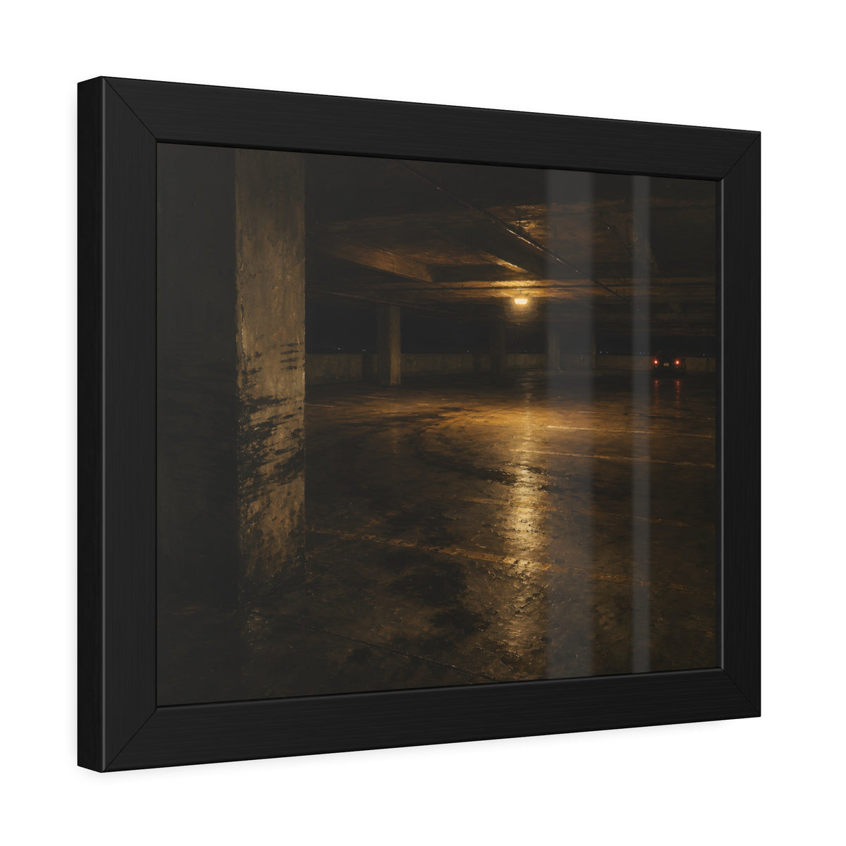An empty concrete parking deck lit by one ceiling lamp, tail lights beyond. The Parking Garage, Level 4 by Garabaggio, framed fine art print hanging in a room.