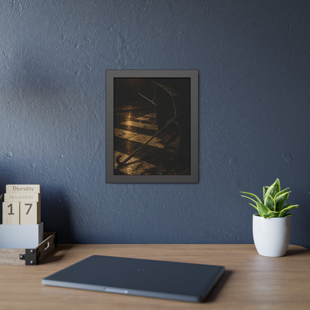 A blown out umbrella lying on wet checkered pavement under a street lamp. The Taking by the Wind by Garabaggio, framed fine art print hanging in a room.