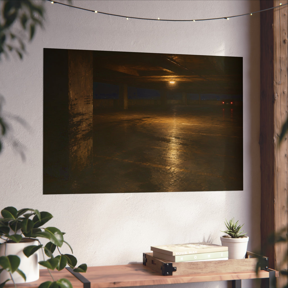 An empty concrete parking deck lit by one ceiling lamp, tail lights beyond. The Parking Garage, Level 4 by Garabaggio, fine art print hanging in a room.