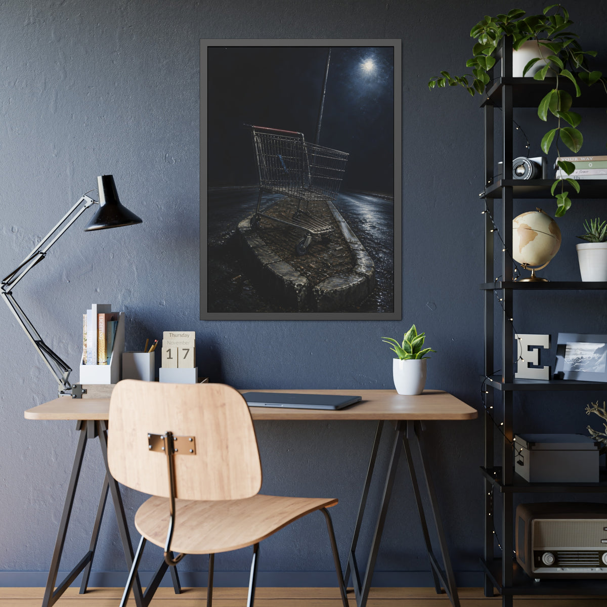 A shopping cart stranded on a stone median under a streetlight. The Crossing of the Median by Garabaggio, framed fine art print hanging in a room.