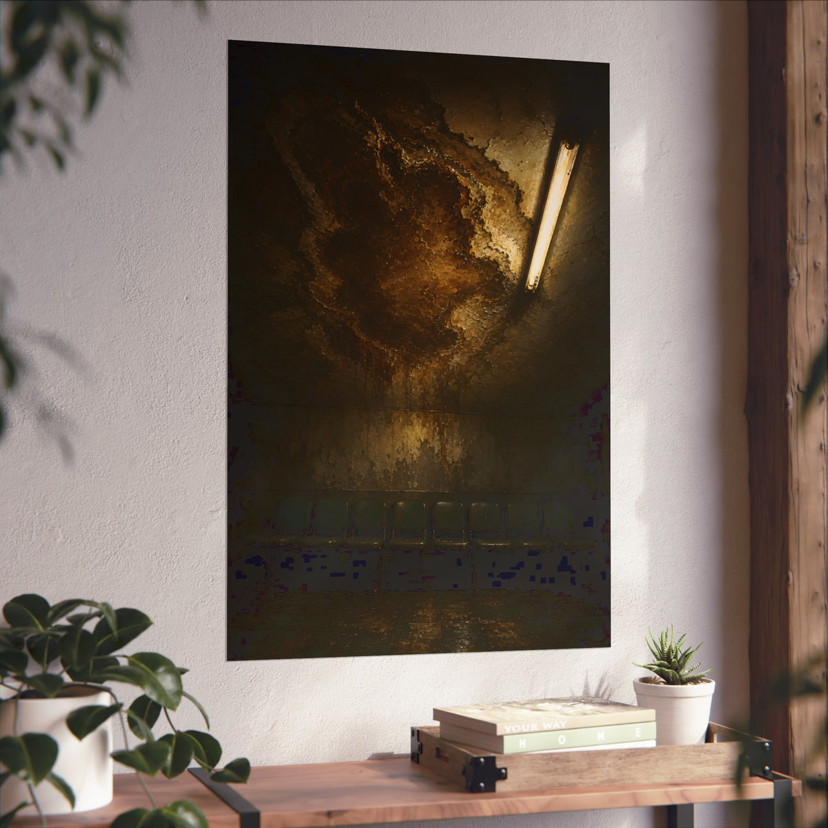 A brown water stain spreading across a ceiling above a row of chairs. The Stain Above the Row by Garabaggio, fine art print hanging in a room.