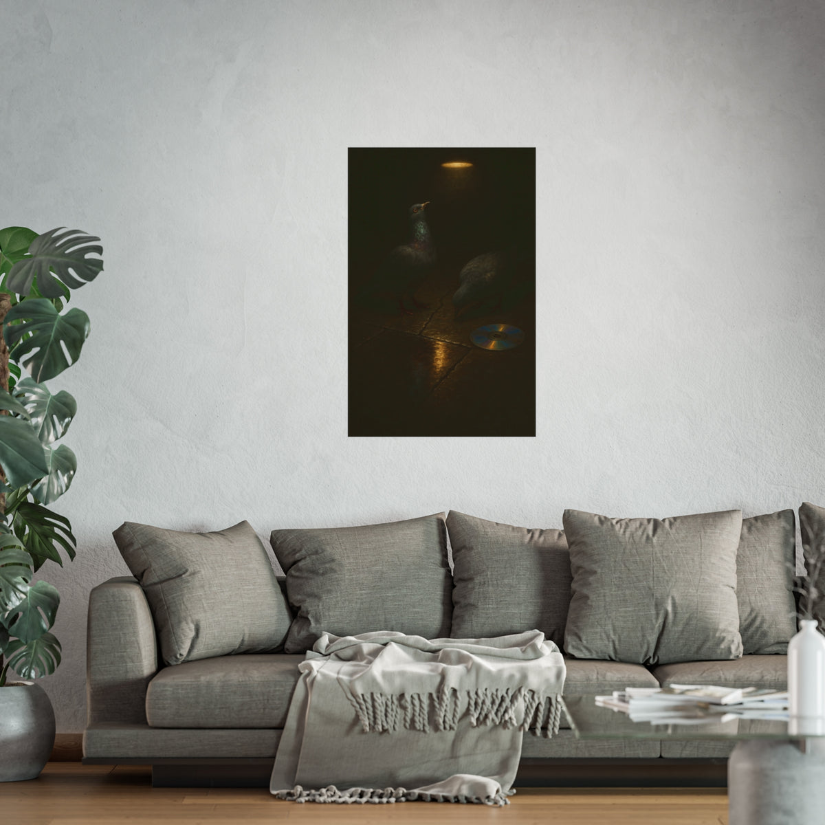 Two pigeons on wet paving stones beside a disc catching the lamplight. The Vigil on Wet Pavement by Garabaggio, fine art print hanging in a room.