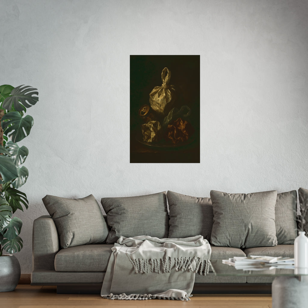 Knotted plastic bag on a plate with crumpled wrappers and a crushed can. Communion of the Knotted Bag by Garabaggio, fine art print hanging in a room.