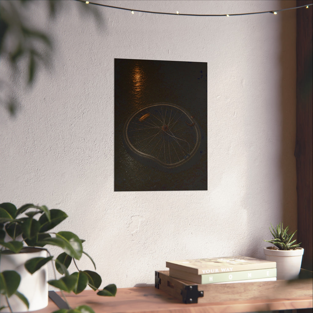 A buckled bicycle wheel on wet asphalt beneath a streetlight reflection. The Bend from Impact by Garabaggio, fine art print hanging in a room.