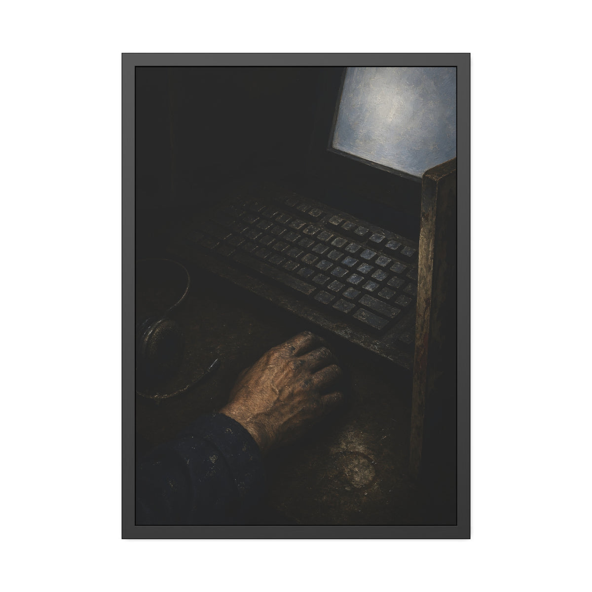 A hand on a mouse beside a grimy keyboard and a pale glowing screen. Login Before Dawn by Garabaggio, framed fine art print, 28″ x 40″.