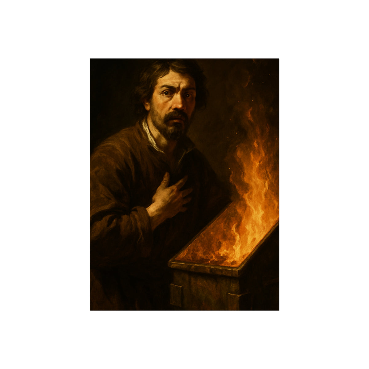 Man with a hand on his chest as flames run the length of a dumpster. Self-Portrait in the Final Hour by Garabaggio, fine art print hanging in a room.