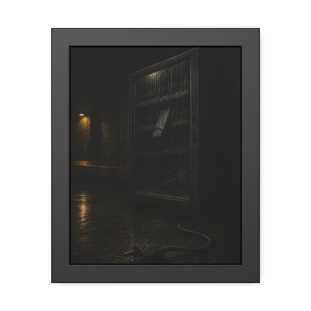 A vending machine in the rain, its cord and plug trailing across wet pavement. The Weathering Outside by Garabaggio, framed fine art print, 11″ x 14″.