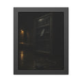 A vending machine in the rain, its cord and plug trailing across wet pavement. The Weathering Outside by Garabaggio, framed fine art print, 11″ x 14″.