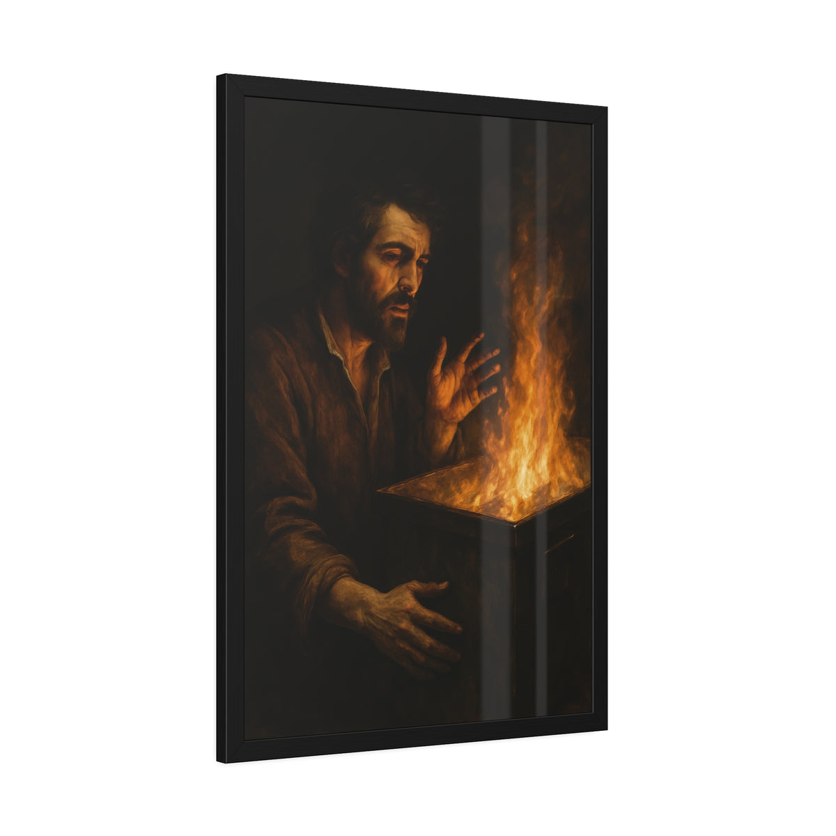 Man holding both hands toward the flames of a burning dumpster. Self-Portrait Warming the Hands by Garabaggio, framed fine art print hanging in a room.
