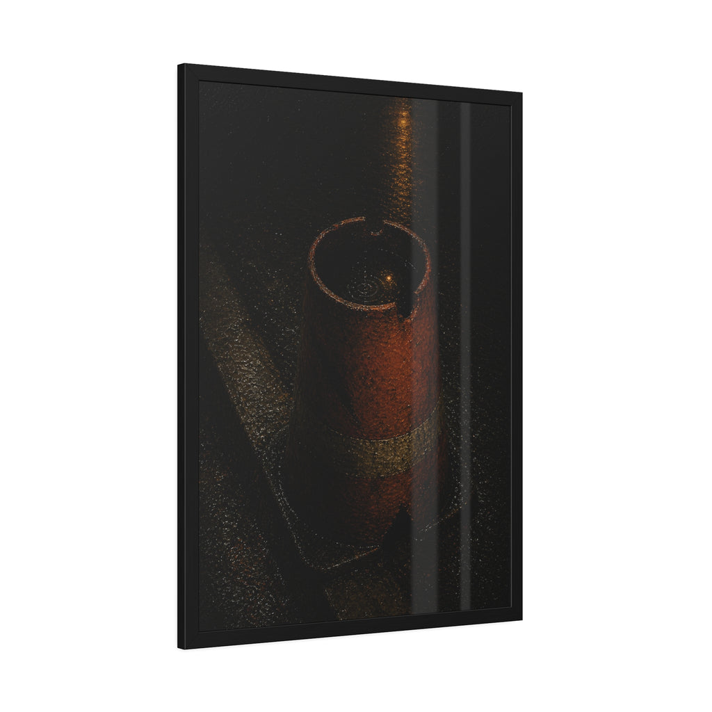 An upturned traffic cone holding rainwater at a wet curb under a lamp. The Cup of Rain by Garabaggio, framed fine art print hanging in a room.
