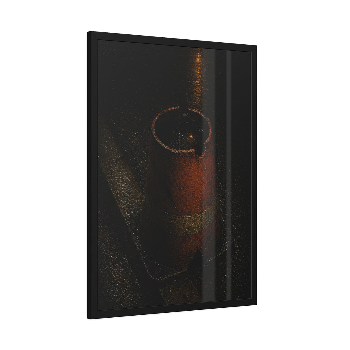 An upturned traffic cone holding rainwater at a wet curb under a lamp. The Cup of Rain by Garabaggio, framed fine art print hanging in a room.