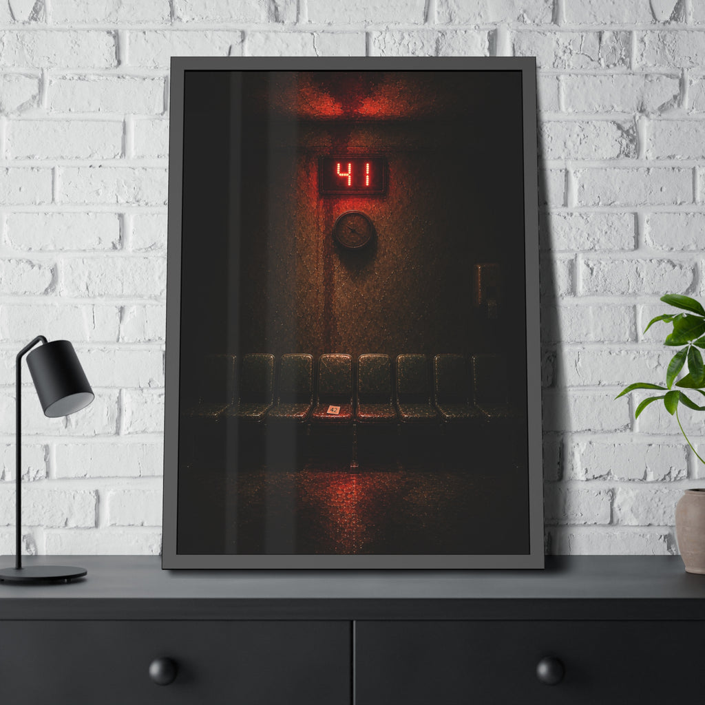An empty row of waiting room seats beneath a red display reading 41. The Call That Does Not Come by Garabaggio, framed fine art print hanging in a room.