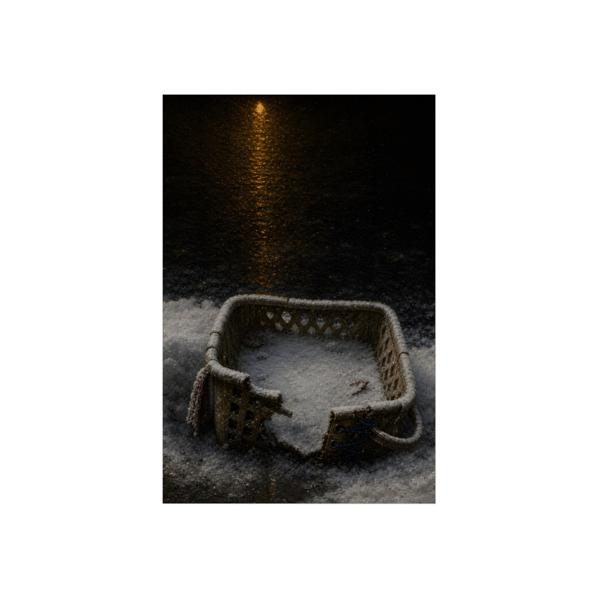 A cracked laundry basket half buried in snow under a distant lamp. The First Snow by Garabaggio, fine art print, 24″ x 36″.