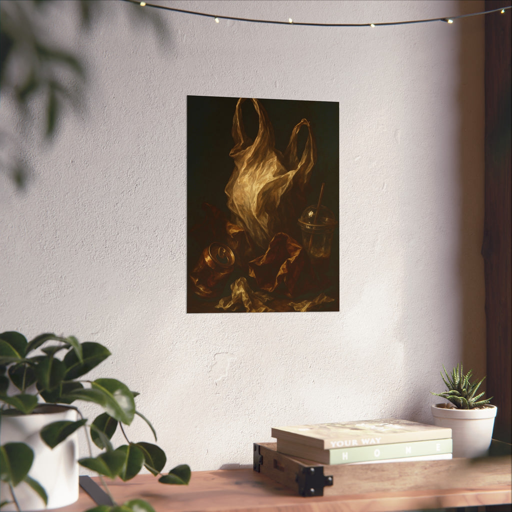 A plastic bag held open above a crushed can and a plastic cup with straw. The Apparition of the Bag by Garabaggio, fine art print hanging in a room.