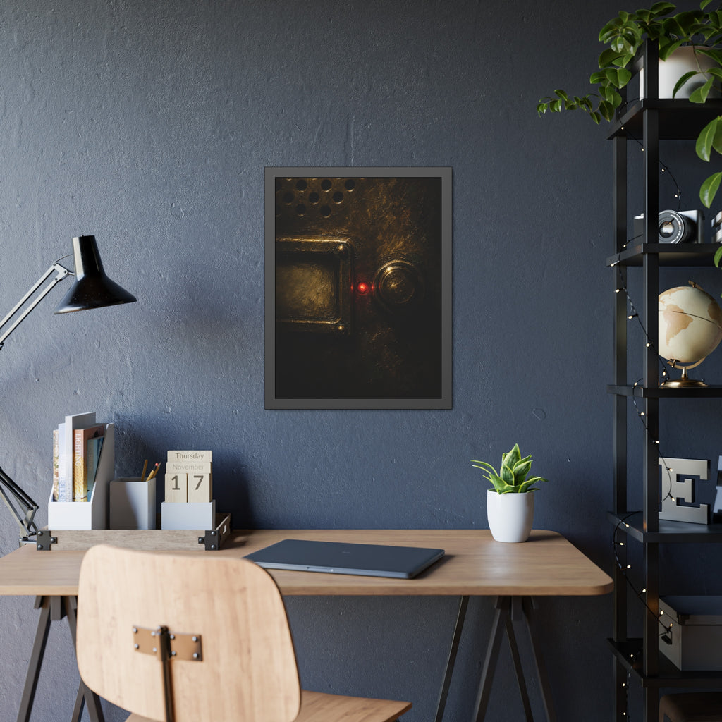 Close on an intercom nameplate and button with a small red light. The First Buzz at Dusk by Garabaggio, framed fine art print hanging in a room.