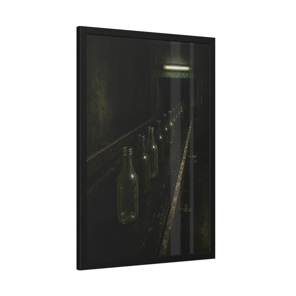 Empty glass bottles in a line on a conveyor under one fluorescent tube. The Procession of Bottles by Garabaggio, framed fine art print hanging in a room.