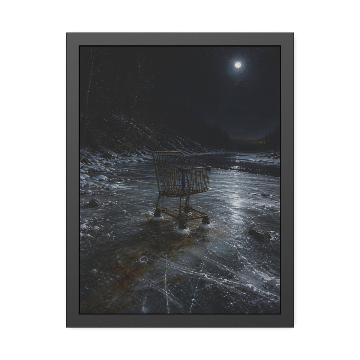 A rusted shopping cart frozen into moonlit river ice. The Wintering in the Ice by Garabaggio, framed fine art print, 18″ x 24″.