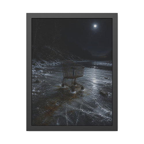 A rusted shopping cart frozen into moonlit river ice. The Wintering in the Ice by Garabaggio, framed fine art print, 18″ x 24″.