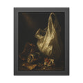 A white plastic bag standing upright in a shaft of light. The Annunciation of the Plastic Bag by Garabaggio, framed fine art print, 11″ x 14″.