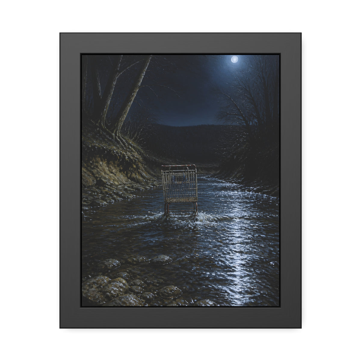 A shopping cart standing in a moonlit creek between dark trees. The Fording of the Creek by Garabaggio, framed fine art print, 11″ x 14″.