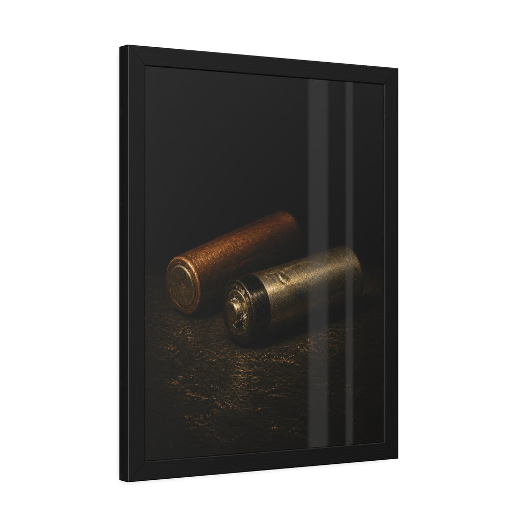 Two spent batteries lying side by side, one rusted, one bare metal. The Second Voice by Garabaggio, framed fine art print hanging in a room.