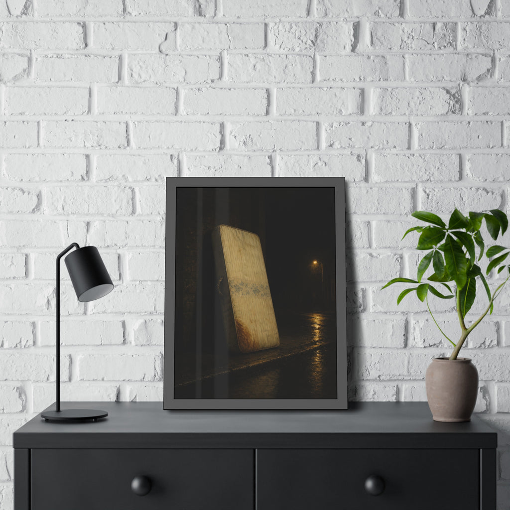 A stained mattress propped on a brick wall along a wet night street. The Presentation Against the Brick by Garabaggio, framed fine art print hanging in a room.