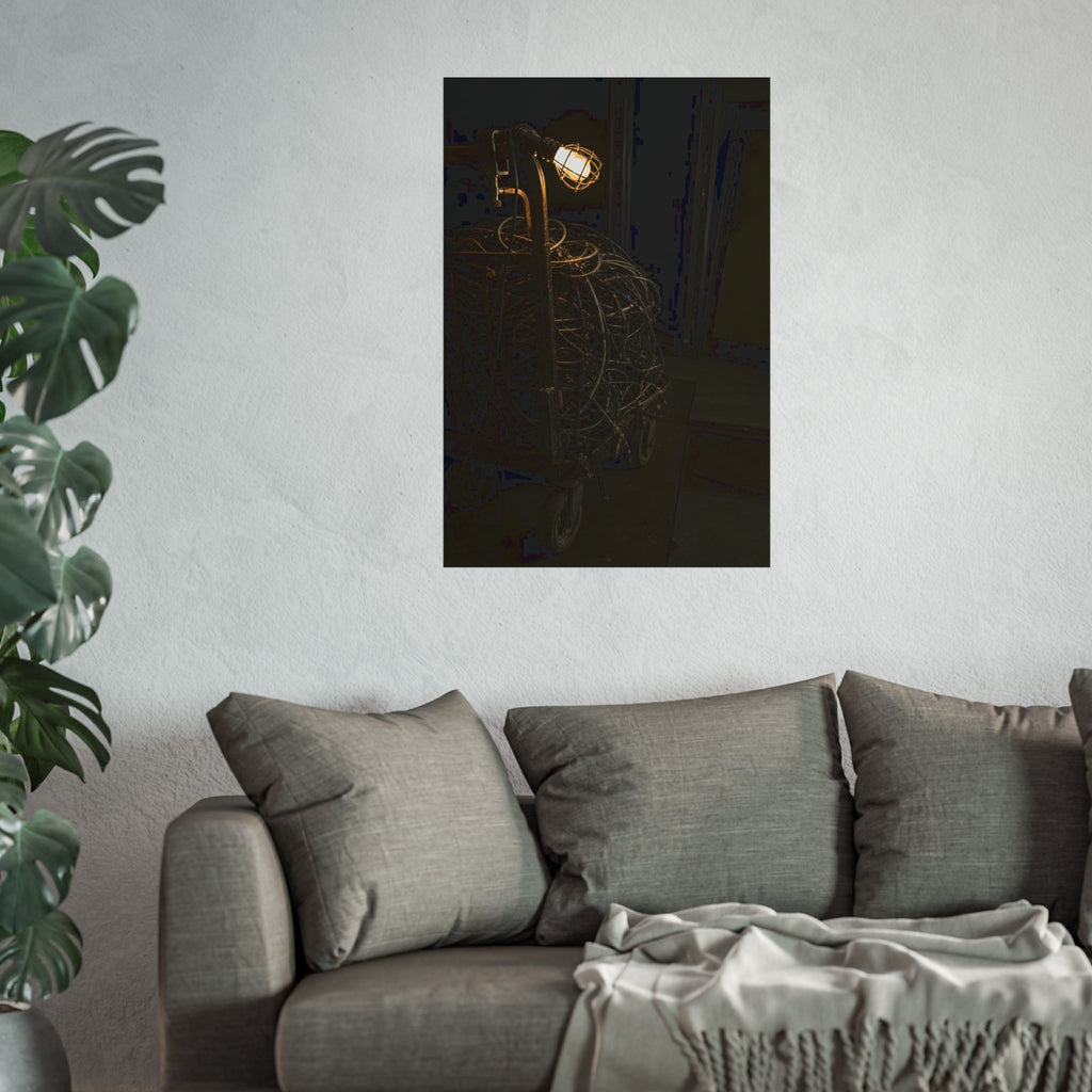 A tangled ball of cables on a hand cart under a caged work lamp. The Cable Harvest by Garabaggio, fine art print hanging in a room.