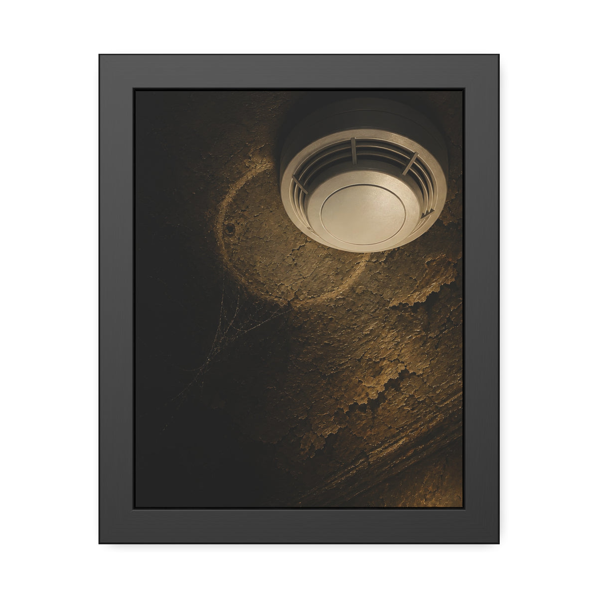 A new smoke detector on a stained ceiling next to an old mounting ring. The New Detector by Garabaggio, framed fine art print, 11″ x 14″.