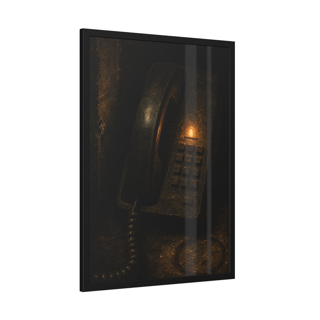 An old desk phone in the dark with one amber line light glowing. The First Ring by Garabaggio, framed fine art print hanging in a room.